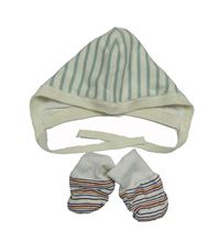 2set - Smetanovo-zelený pruhovaný čepeček + bílo-barevné pruhované rukavičky