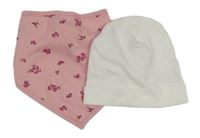 2set - Bílá bavlněná čepice + růžový květovaný slinták