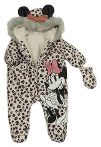 Béžová vzorovaná šusťáková zimní kombinéza s Minnie a kapucí + rukavice Disney