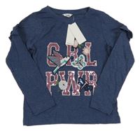 Nové - Tmavomodré melírované triko s nápisem z flitrů a ptáčkem M&Co.