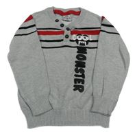 Šedo-černo-červený svetr s pruhy a příšerkou Kiki&Koko