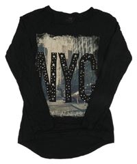 Černé triko s mrakodrapy a písmeny s kamínky C&A