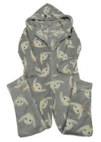 Šedá chlupatá kombinéza s králíky a kapucí