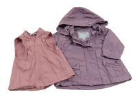 3v1 - Fialová plátěná jarní bunda s kapucí + starorůžová tepláková vesta Vertbaudet