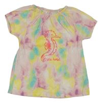Růžovo-žluto-tyrkysové batikované tričko s mořským koníkem Topolino