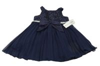 Nové - Tmavomodré slavnostní šaty s třpytkami a mašlí