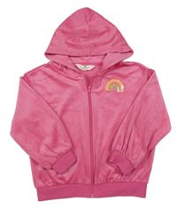 Tmavorůžová plyšová propínací mikina s duhou z flitrů a kapucí H&M