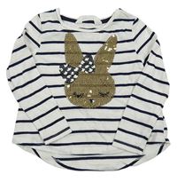 Bílo-tmavomodré pruhované triko s králíkem z flitrů H&M