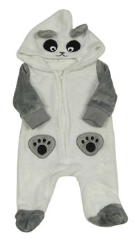 Bílo-šedá chlupatá kombinéza s kapucí - panda