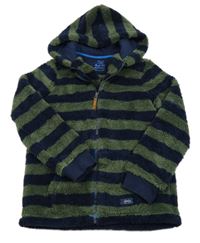 Khaki-tmavomodrá pruhovaná chlupatá propínací mikina s kapucí Joules