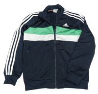 Tmavomodrá sportovní propínací mikina se zeleným a bílým pruhem Adidas