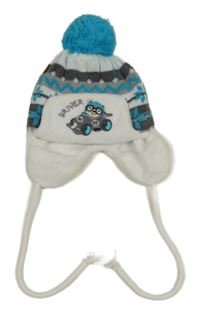 Bílo-šedo-modrá vzorovaná pletená čepice s medvědem a bambulí 