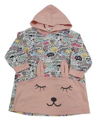 Růžovo-barevné vzorované teplákové šaty s králíkem a kapucí shein