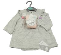 Nové - 2 set - šedé pletené šaty s všitým body a bambulkami + světlerůžové punčocháče Primark