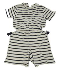 Béžovo-tmavomodrý pruhovaný úpletový kraťasový overal River Island