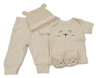 Nové - 4 set - smetanové tepláky + tričko s čumákem + capáčky + čepice 