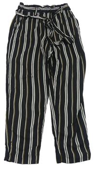 Černo-bílo-okrové pruhované lehké kalhoty s páskem zn. H&M