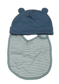 2set - Tmavomodrá čepice s oušky + modro-bílý pruhovaný bryndák 