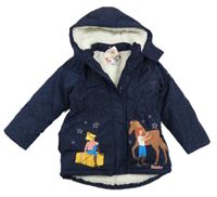 Nové - Tmavomodrá puntíkatá šusťáková zimní bunda s dívkami a koněm a kapucí 