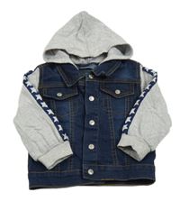 Tmavomodro-šedá riflová bunda s teplákovými rukávy a kapucí Ergee