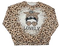 Meruňkovo-hnědo-černá mikina s dívkou a leopardím vzorem Shein