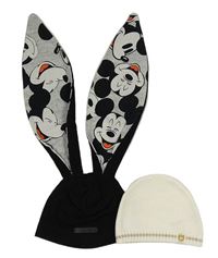 2set- bílá pletená čepice s proužkem+ černá čepice s ušima s Mickey Mousem