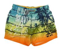 Modro-zeleno-oranžové pruhované plážové kraťasy s palmami a nápisem C&A