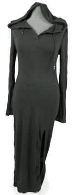 Dámské šedé žebrované dlouhé šaty s rozparkem a kapucí Shein