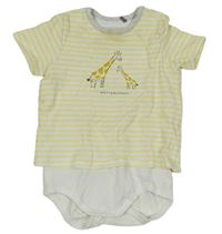 Žluto-bílé pruhované tričko s žirafami a všitým body 