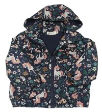 Tmavomodrá šusťáková podzimní bunda se zvířátky a volánky a odepínací kapucí H&M