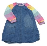 Modré riflové šaty s barevnými pruhovanými teplákovými rukávy Next