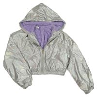 Stříbrná metalická šusťáková zateplená crop bunda s kapucí Shein