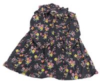 Tmavošedé manšestrové šaty s kytičkami a motýlky a límečkem F&F