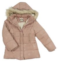 Světlerůžový prošívaný šusťákový zimní kabát se srdíčky a nápisy a kapucí s kožešinou ORCHESTRA