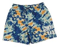 Tmavomodro-oranžové batikované plážové kraťasy s nápisem H&M