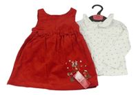 2set - Červené manšestrové šaty s mašličkami + bílé triko s puntíky St. Bernard