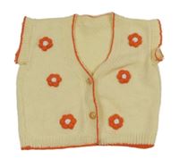 Smetanovo-oranžová svetrová vesta s kytičkami 