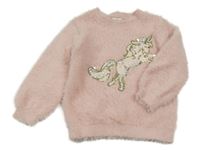 Světlerůžový chlupatý svetr s jednorožcem F&F
