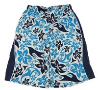 Modro-tmavomodré květované plážové kraťasy s pruhy 