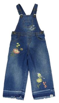 Modré riflové laclové culottes kalhoty s kytičkami a ptáčkem Debenhams