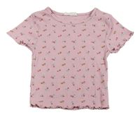 Starorůžové žebrované crop tričko s květy PRIMARK