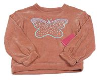 Nové - světleskořicový žinylkový svetr s motýlkem z flitrů VINCE CAMUTO