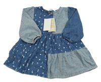 Nové - modro-světlemodré šisované riflové šaty s kytičkami a motýlky V BY VERY