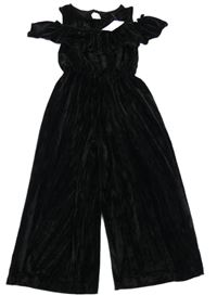 Nové - černý sametový kalhotový culottes overal s volánkem a volnými rameny Next