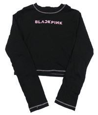 Černé žebrované crop triko s nápisem H&M