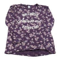 Purpurové triko s kytičkami a nápisy dopodopo