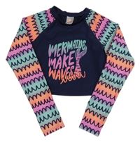 Tmavomodro-barevné vzorované UV crop triko s nápisy a ploutví Cat&Jack