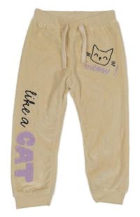 Nové - vanilkové plyšové tepláky s kočičkou a nápisem so cute