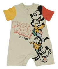 Smetanovo-červeno-oranžový teplákový kraťasový overal s Mickey s kamarády PRIMARK