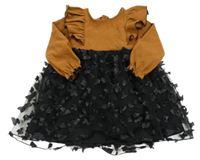 Hnědo-černé šaty s volánky a motýly Shein